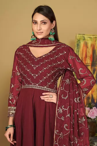 Maroon colour partywear georgette partywear anarkali dress