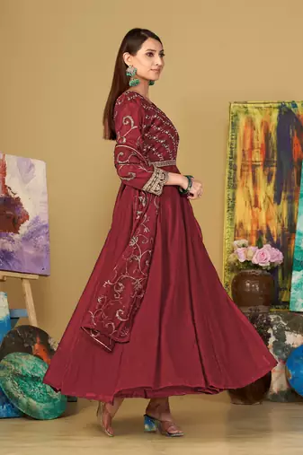 Maroon colour partywear georgette partywear anarkali dress