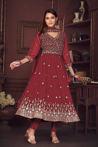Smartly designed maroon colour partywear anarkali dress