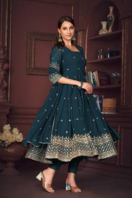 Rama colour heavy embroidered partywear anarkali suit 1