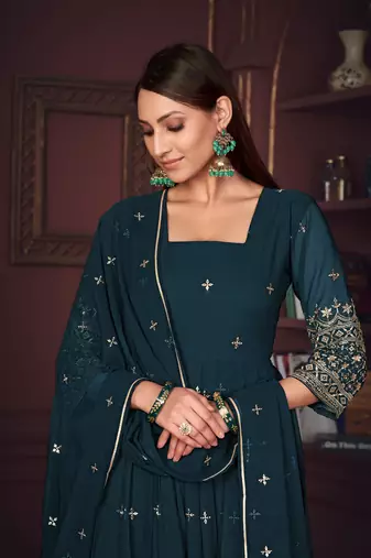 Rama colour heavy embroidered partywear anarkali suit