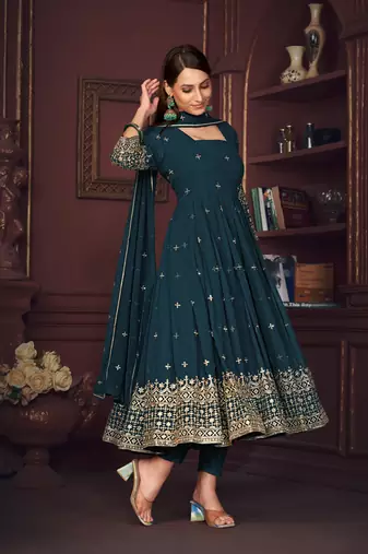Rama colour heavy embroidered partywear anarkali suit