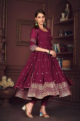 Dark pink colour heavy embroidered partywear anarkali suit 1