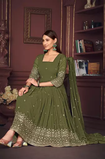 Mahendi colour heavy embroidered partywear anarkali suit