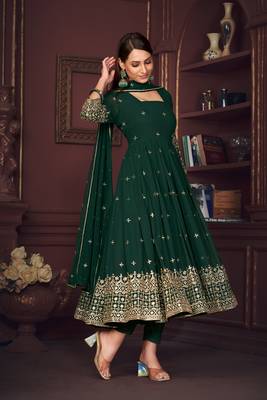 Green colour heavy embroidered partywear anarkali suit 1