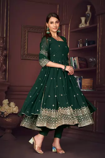 Green colour heavy embroidered partywear anarkali suit