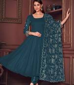 Rama colour heavy embroidered partywear anarkali suit