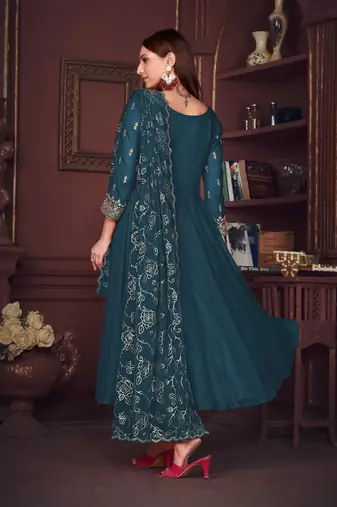 Rama colour heavy embroidered partywear anarkali suit