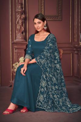Rama colour heavy embroidered partywear anarkali suit 3