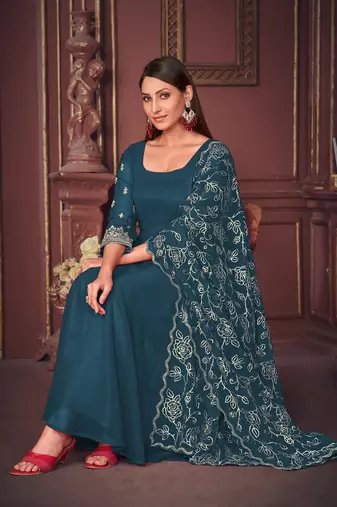 Rama colour heavy embroidered partywear anarkali suit