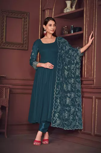 Rama colour heavy embroidered partywear anarkali suit