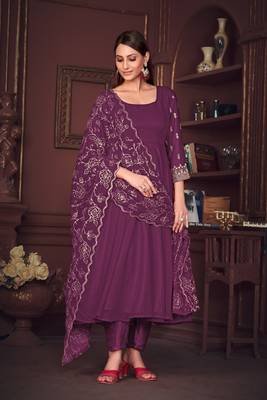 Purple colour heavy embroidered partywear anarkali suit 1