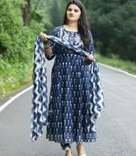 Anarkali kurti with pant and dupatta set for women and girls printed cotton (blue)