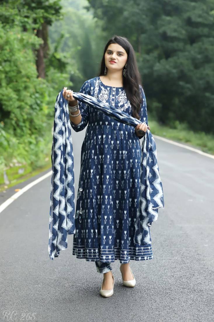 Anarkali kurti with pant and dupatta set for women and girls printed cotton (blue)