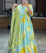 Sky blue  flower printed  heavy chinon gown with dupatta