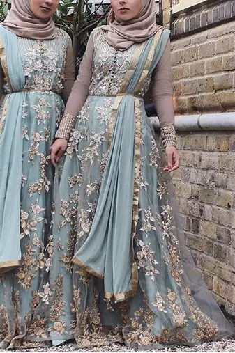 Ice Blue Net Golden Thread Embroidered Anarkali