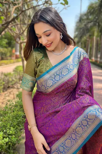 Purple Soft Kashmiri Silk Zari Woven Saree