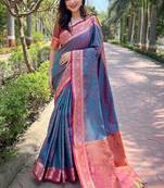 Blue Orange Soft Kashmiri Silk Zari Woven Saree