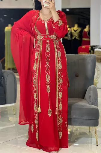 Red Handcrafted Zari work Stitched Georgette Kaftan Party Dress