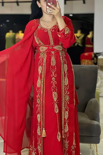 Red Handcrafted Zari work Stitched Georgette Kaftan Party Dress