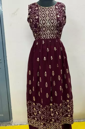 Women's Wine Color Sequence Work Nyra Cut Kurta Plazzo Set