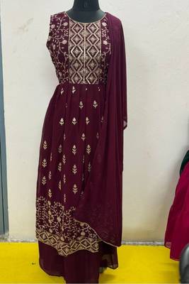 Women's Wine Color Sequence Work Nyra Cut Kurta Plazzo Set 6