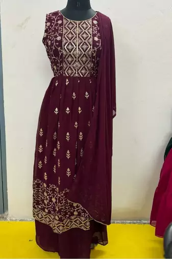 Women's Wine Color Sequence Work Nyra Cut Kurta Plazzo Set