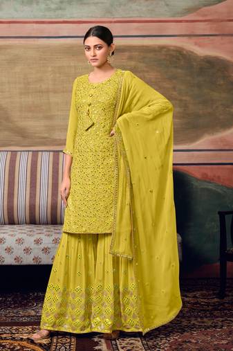 Olive Green Embroidered Georgette Semi Stitched Straight Suit Up To 42" Size