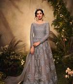 Grey Embroidered Net Semi Stitched Anarakali Suit Up To 42" Size