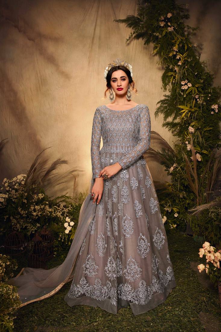 Grey Embroidered Net Semi Stitched Anarakali Suit Up To 42" Size