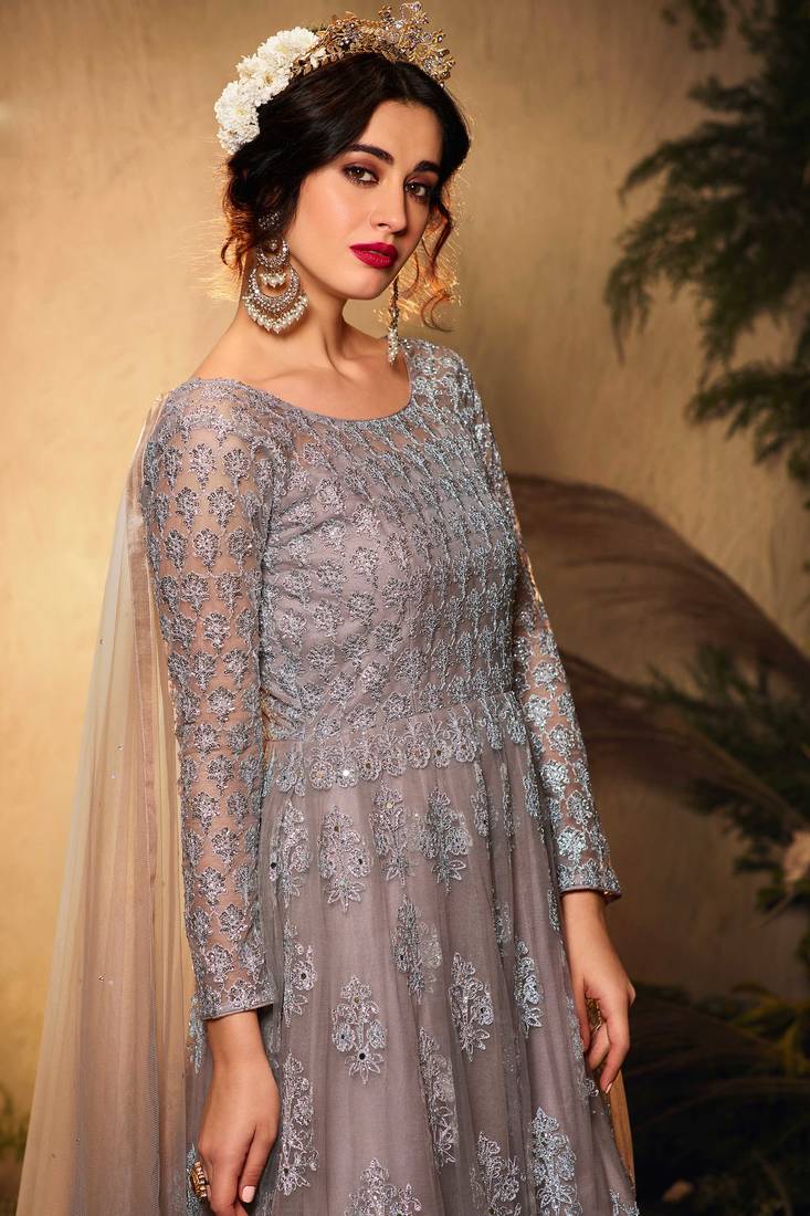 Grey Embroidered Net Semi Stitched Anarakali Suit Up To 42" Size
