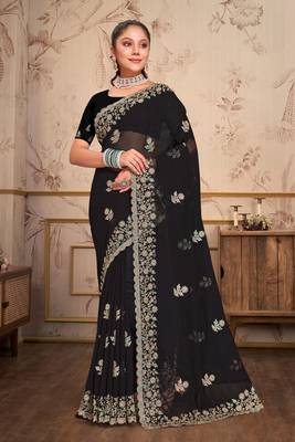 Black heavy coding embroidery work georgette saree 1