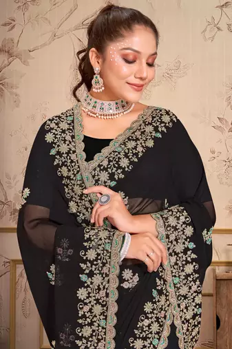 Black heavy coding embroidery work georgette saree