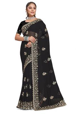 Black heavy coding embroidery work georgette saree 4