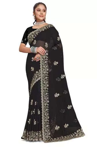 Black heavy coding embroidery work georgette saree