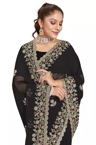 Black heavy coding embroidery work georgette saree