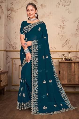 Teal blue heavy coding embroidery work georgette saree