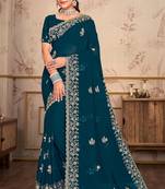 Teal blue heavy coding embroidery work georgette saree