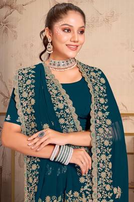 Teal blue heavy coding embroidery work georgette saree 2