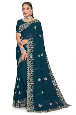 Teal blue heavy coding embroidery work georgette saree 4