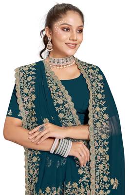Teal blue heavy coding embroidery work georgette saree 5