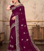 Wine heavy coding embroidery work georgette saree