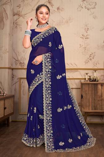 Navy blue heavy coding embroidery work georgette saree