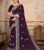 Purple heavy coding embroidery work georgette saree
