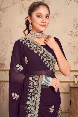 Purple heavy coding embroidery work georgette saree 2