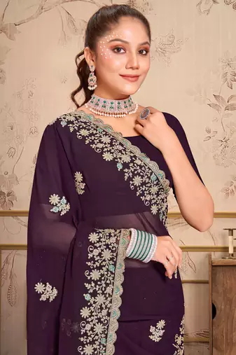 Purple heavy coding embroidery work georgette saree