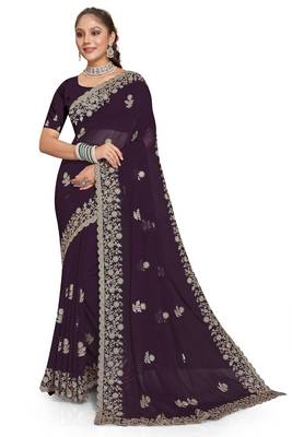 Purple heavy coding embroidery work georgette saree 4