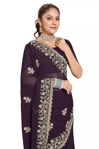 Purple heavy coding embroidery work georgette saree