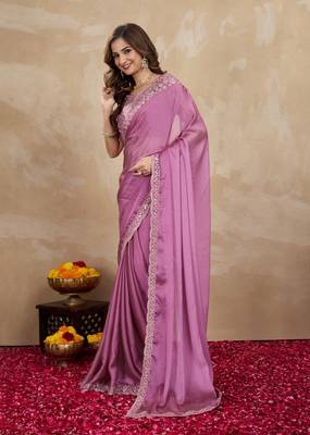 Trendmalls Lilac Art Silk Floral Thread Embroidered Saree with Unstitched Blouse piece 4