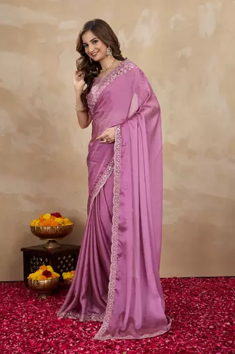Trendmalls Lilac Art Silk Floral Thread Embroidered Saree with Unstitched Blouse piece